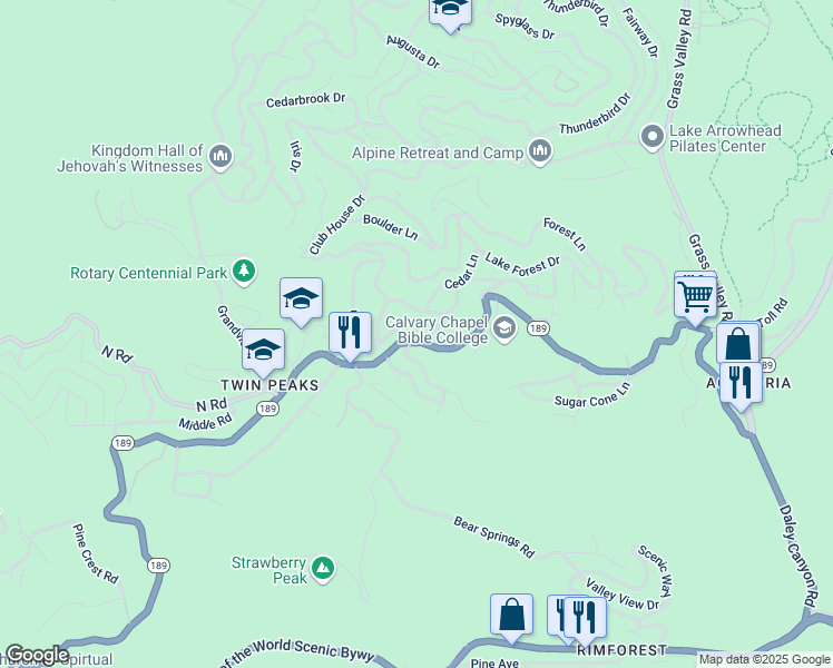 map of restaurants, bars, coffee shops, grocery stores, and more near 26243 Alpine Lane in Twin Peaks