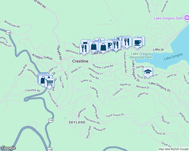 map of restaurants, bars, coffee shops, grocery stores, and more near 23827 Wildwood Lane in Crestline
