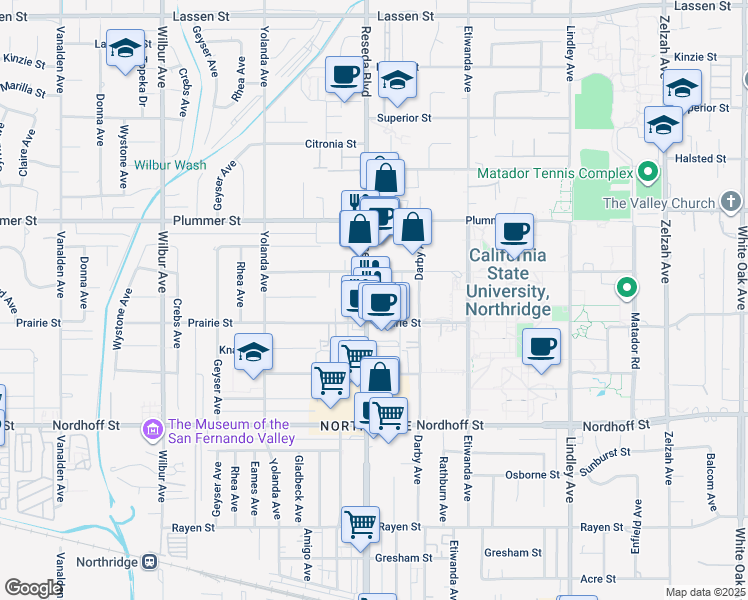 map of restaurants, bars, coffee shops, grocery stores, and more near 9353 Reseda Boulevard in Los Angeles