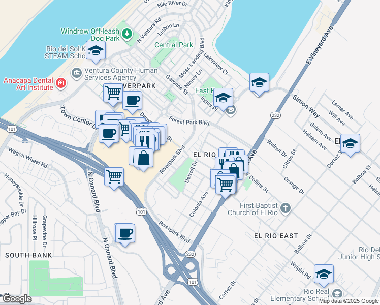 map of restaurants, bars, coffee shops, grocery stores, and more near 319 Elk River Place in Oxnard