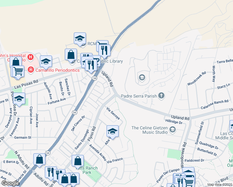 map of restaurants, bars, coffee shops, grocery stores, and more near Upland Rd & Flynn Rd in Camarillo