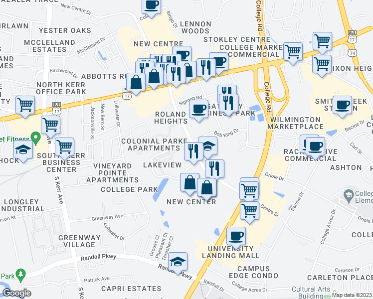 map of restaurants, bars, coffee shops, grocery stores, and more near 5010 New Centre Drive in Wilmington