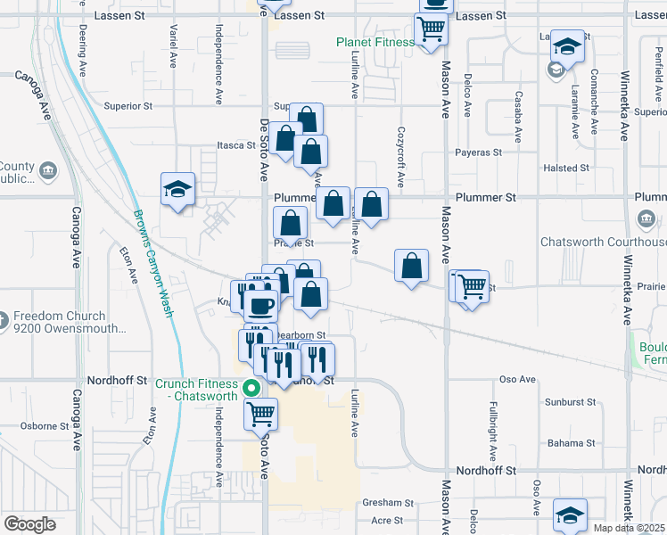 map of restaurants, bars, coffee shops, grocery stores, and more near 20730 Prairie Street in Los Angeles
