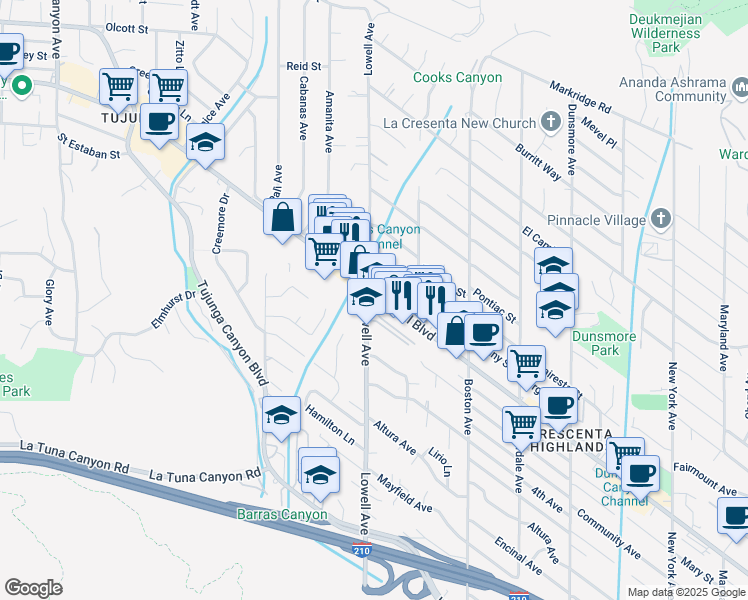 map of restaurants, bars, coffee shops, grocery stores, and more near 3950 Foothill Boulevard in Glendale