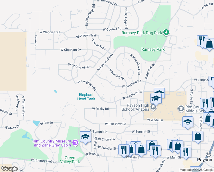 map of restaurants, bars, coffee shops, grocery stores, and more near 845 West Overland Road in Payson