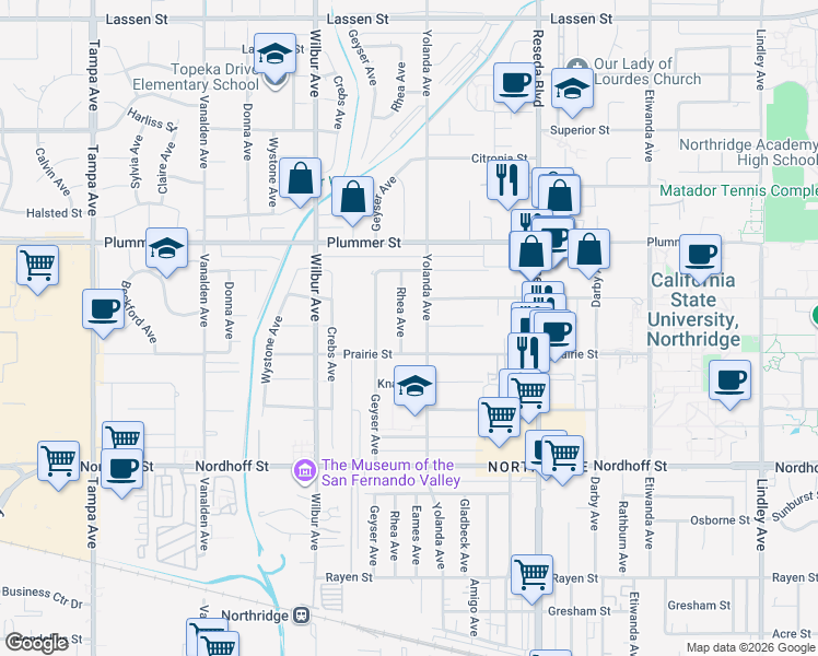 map of restaurants, bars, coffee shops, grocery stores, and more near 9324 Rhea Avenue in Los Angeles