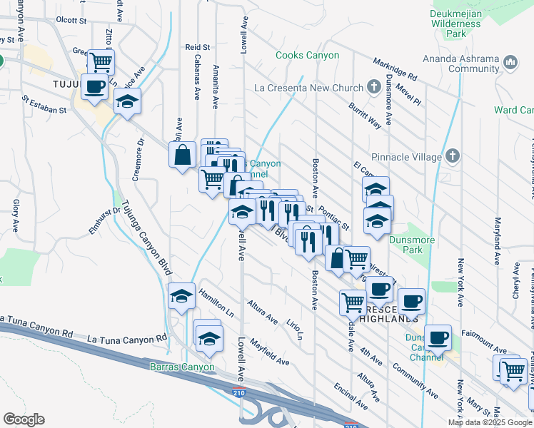 map of restaurants, bars, coffee shops, grocery stores, and more near 3910 Vista Court in Glendale