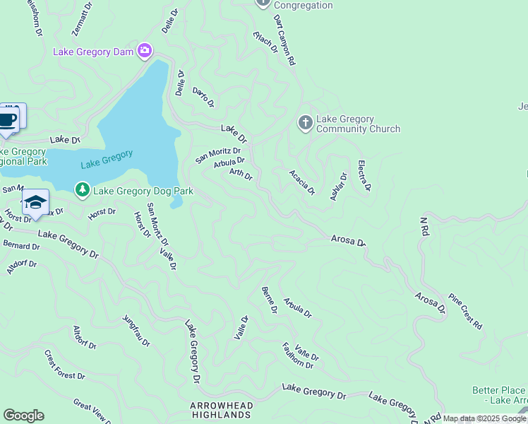 map of restaurants, bars, coffee shops, grocery stores, and more near 730 Arth Drive in Crestline