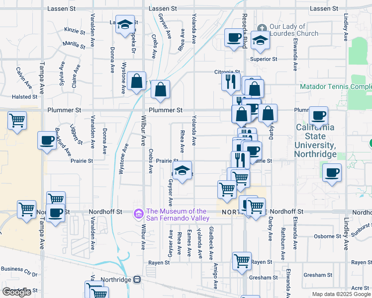map of restaurants, bars, coffee shops, grocery stores, and more near 9324 Rhea Avenue in Los Angeles
