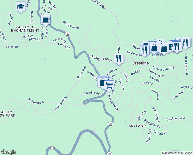 map of restaurants, bars, coffee shops, grocery stores, and more near 709 California 138 in Crestline