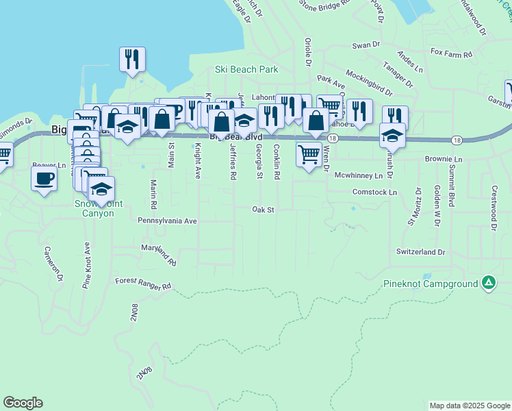 map of restaurants, bars, coffee shops, grocery stores, and more near 41318 Oak Street in Big Bear Lake