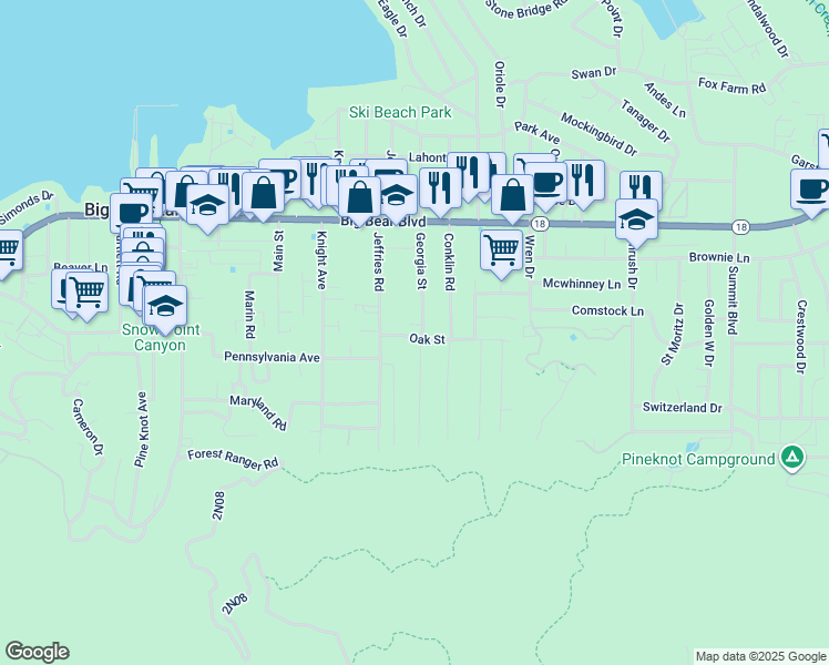 map of restaurants, bars, coffee shops, grocery stores, and more near 41318 Oak Street in Big Bear Lake