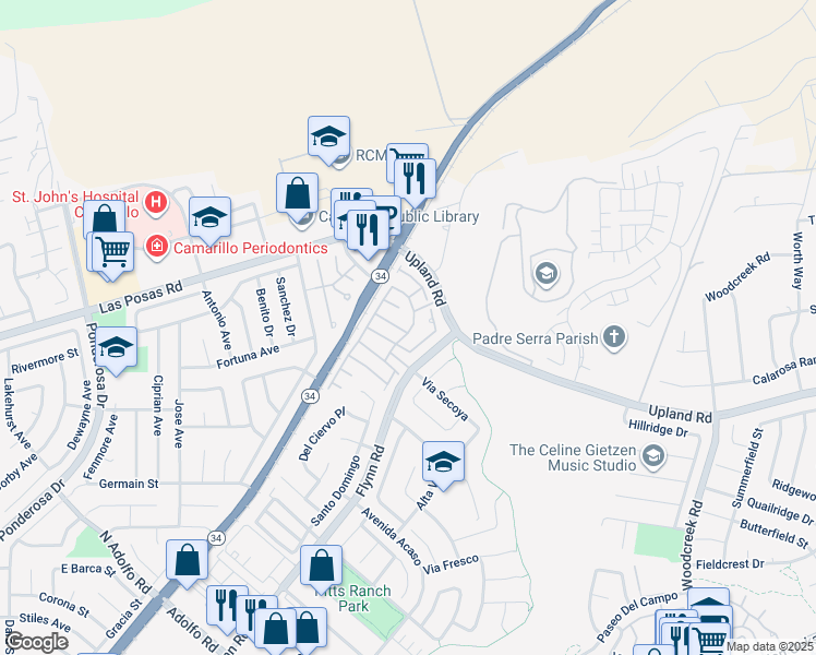 map of restaurants, bars, coffee shops, grocery stores, and more near 4556 Los Damascos Place in Camarillo