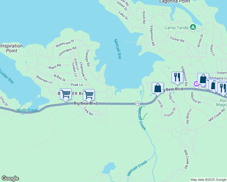 map of restaurants, bars, coffee shops, grocery stores, and more near 699 Cienega Road in Big Bear Lake