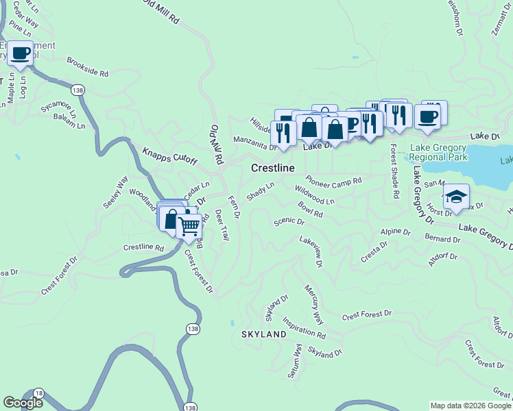 map of restaurants, bars, coffee shops, grocery stores, and more near 23698 Scenic Drive in Crestline