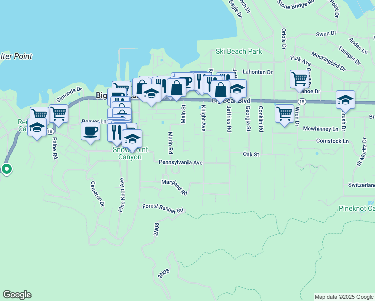 map of restaurants, bars, coffee shops, grocery stores, and more near 703 Modesto Lane in Big Bear Lake