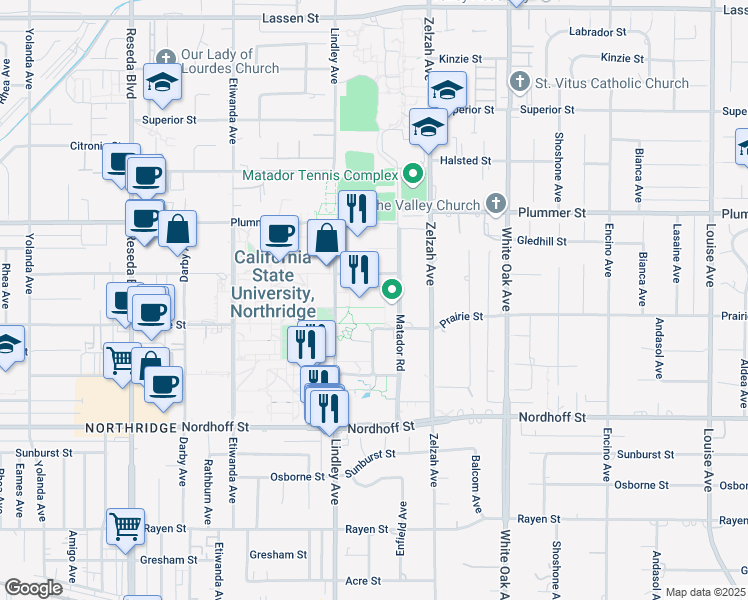 map of restaurants, bars, coffee shops, grocery stores, and more near 18111 Nordhoff Street in Los Angeles