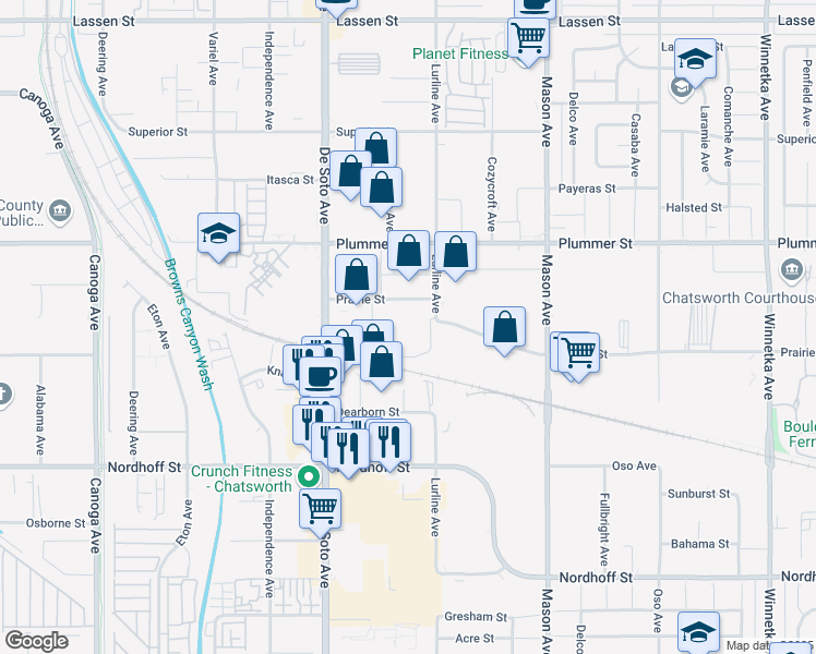 map of restaurants, bars, coffee shops, grocery stores, and more near 20730 Prairie St in Chatsworth