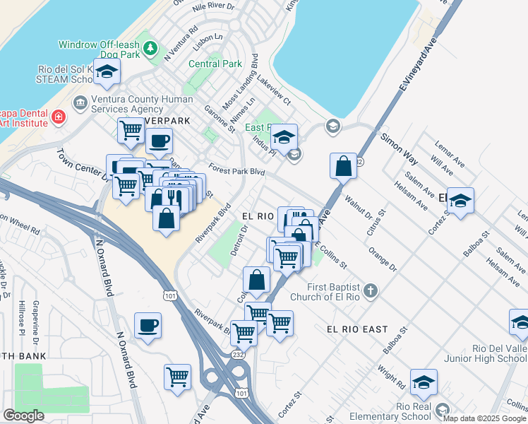 map of restaurants, bars, coffee shops, grocery stores, and more near 241 West Collins Street in Oxnard
