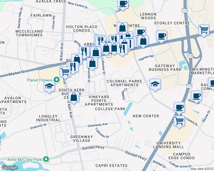map of restaurants, bars, coffee shops, grocery stores, and more near 107 Lullwater Drive in Wilmington