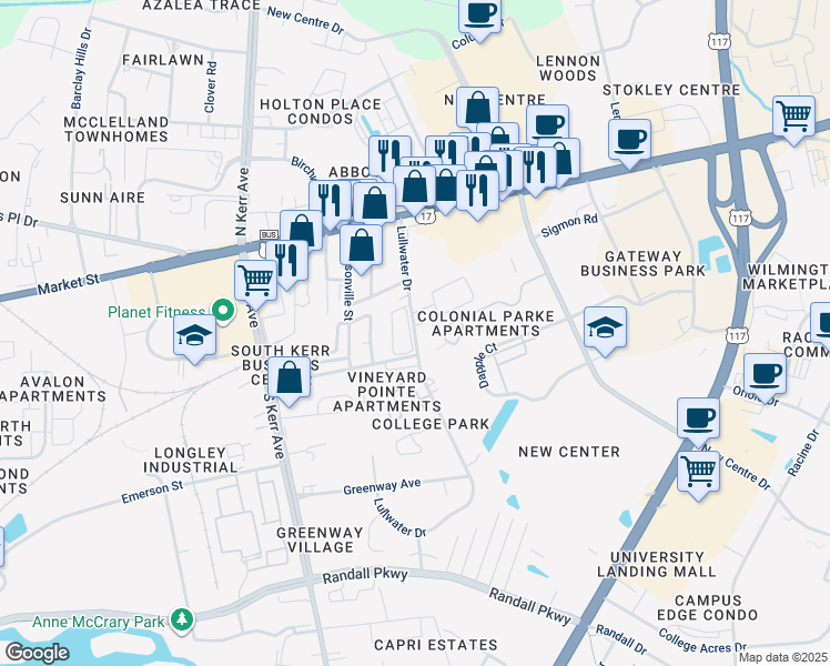 map of restaurants, bars, coffee shops, grocery stores, and more near 107 Lullwater Drive in Wilmington