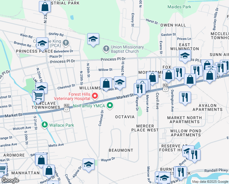 map of restaurants, bars, coffee shops, grocery stores, and more near 2807 Lyndon Avenue in Wilmington
