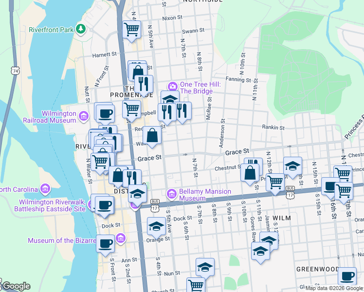 map of restaurants, bars, coffee shops, grocery stores, and more near 319 North 7th Street in Wilmington