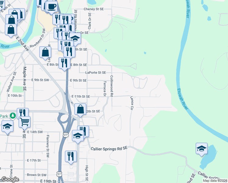 map of restaurants, bars, coffee shops, grocery stores, and more near East 11th Street Southeast in Rome