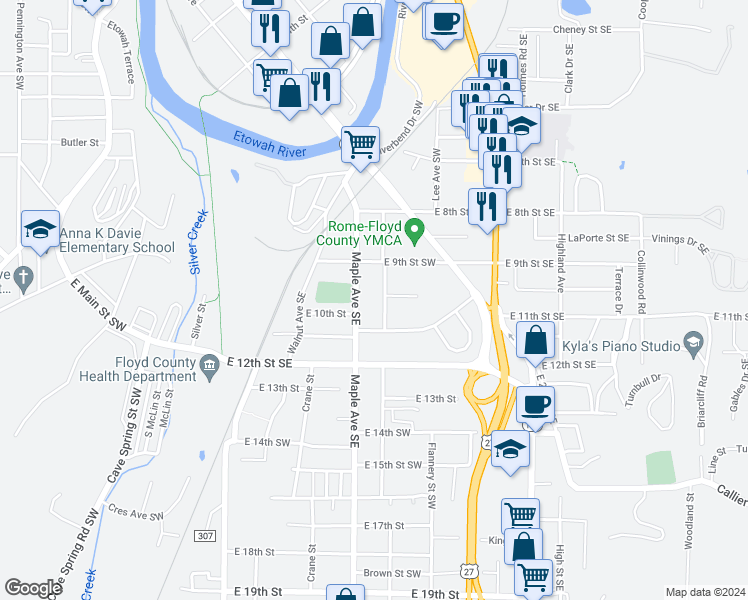 map of restaurants, bars, coffee shops, grocery stores, and more near 907 Maple Avenue Southwest in Rome