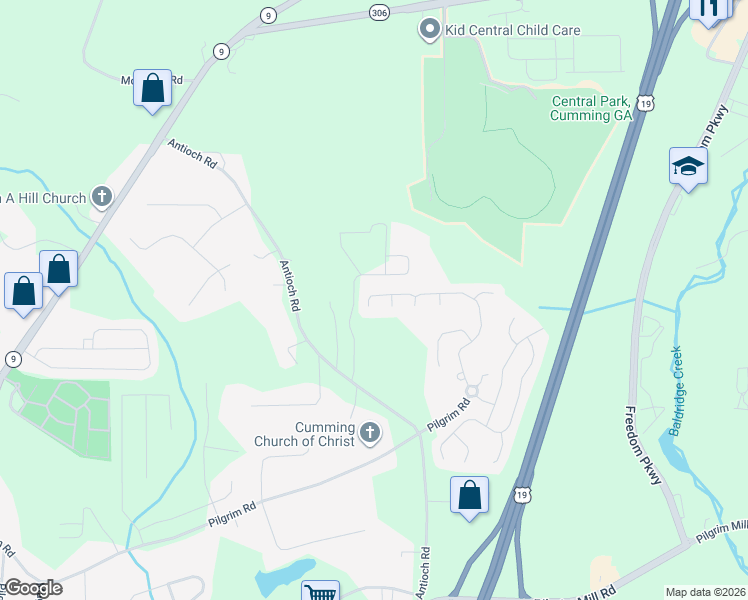 map of restaurants, bars, coffee shops, grocery stores, and more near 3345 Griffin Way in Cumming