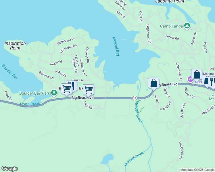 map of restaurants, bars, coffee shops, grocery stores, and more near 693 Cienega Road in Big Bear Lake