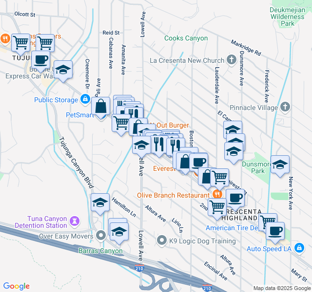 map of restaurants, bars, coffee shops, grocery stores, and more near 3910 Vista Court in Glendale