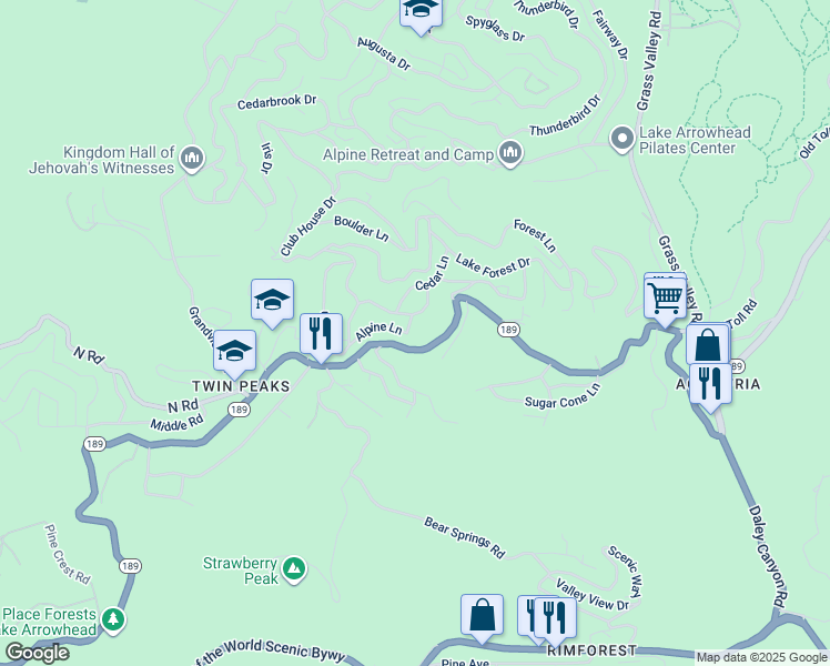 map of restaurants, bars, coffee shops, grocery stores, and more near 26277 Alpine Lane in Twin Peaks
