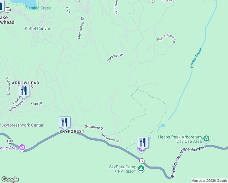 map of restaurants, bars, coffee shops, grocery stores, and more near 716 Blue Ridge Drive in Skyforest