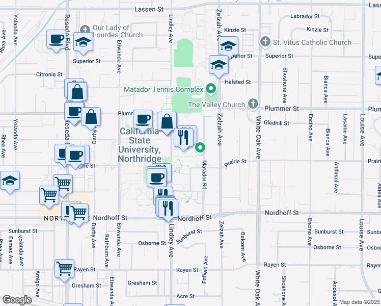 map of restaurants, bars, coffee shops, grocery stores, and more near 18111 Nordhoff Street in Los Angeles