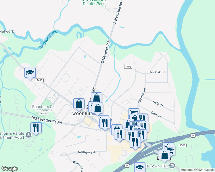 map of restaurants, bars, coffee shops, grocery stores, and more near 5245 Barcroft Lake Drive in Leland