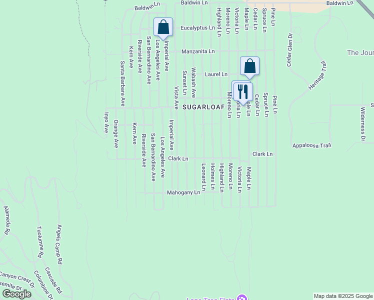 map of restaurants, bars, coffee shops, grocery stores, and more near 671 Sunset Lane in Big Bear