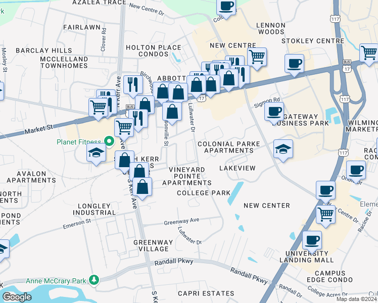 map of restaurants, bars, coffee shops, grocery stores, and more near 126 Lullwater Drive in Wilmington
