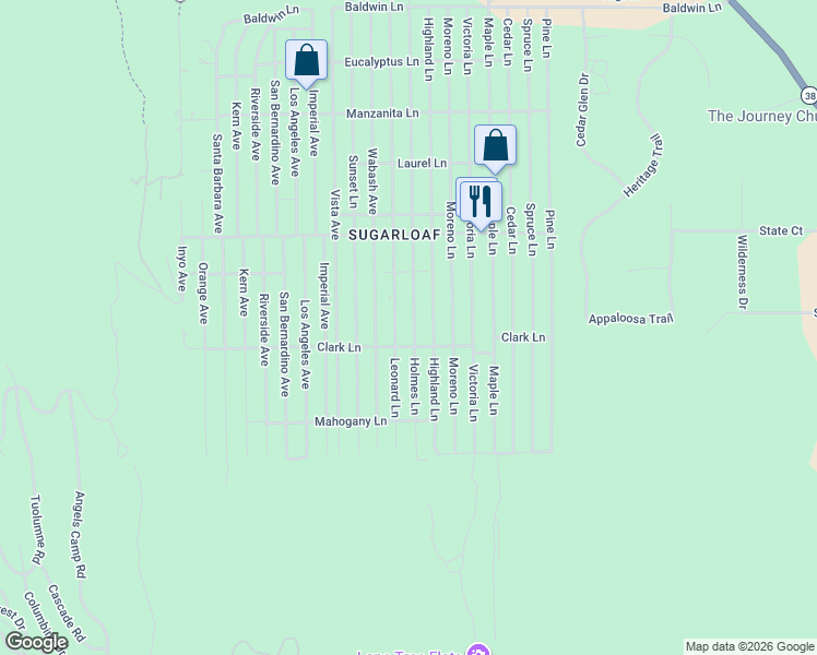 map of restaurants, bars, coffee shops, grocery stores, and more near 650 Leonard Lane in Big Bear