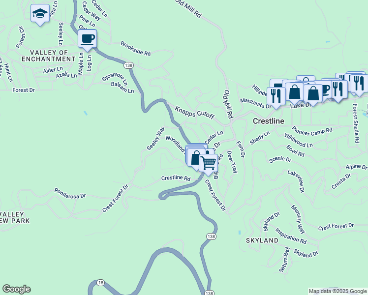 map of restaurants, bars, coffee shops, grocery stores, and more near 771 Woodland Road in Crestline
