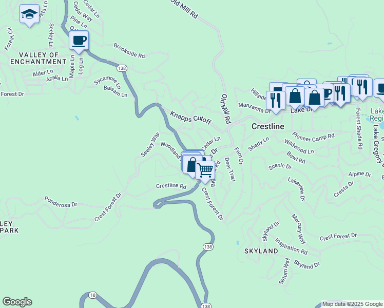 map of restaurants, bars, coffee shops, grocery stores, and more near 737 California 138 in Crestline