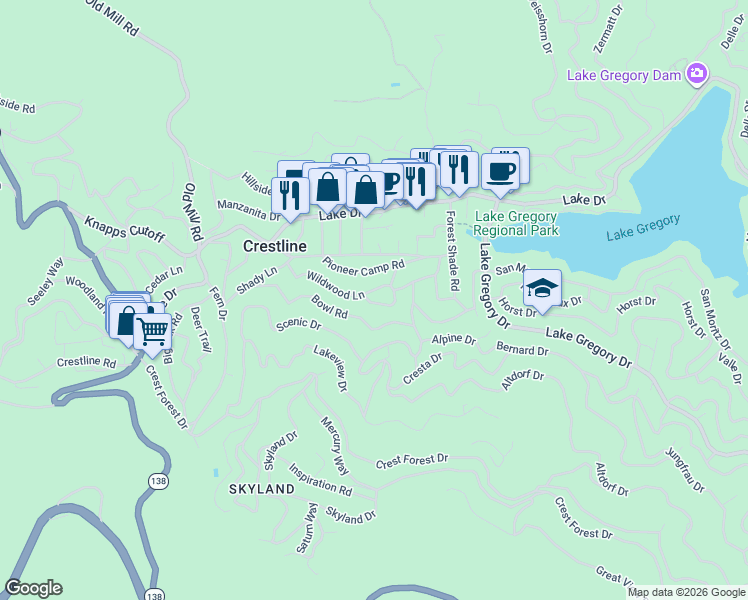 map of restaurants, bars, coffee shops, grocery stores, and more near 23886 Wildwood Lane in Crestline