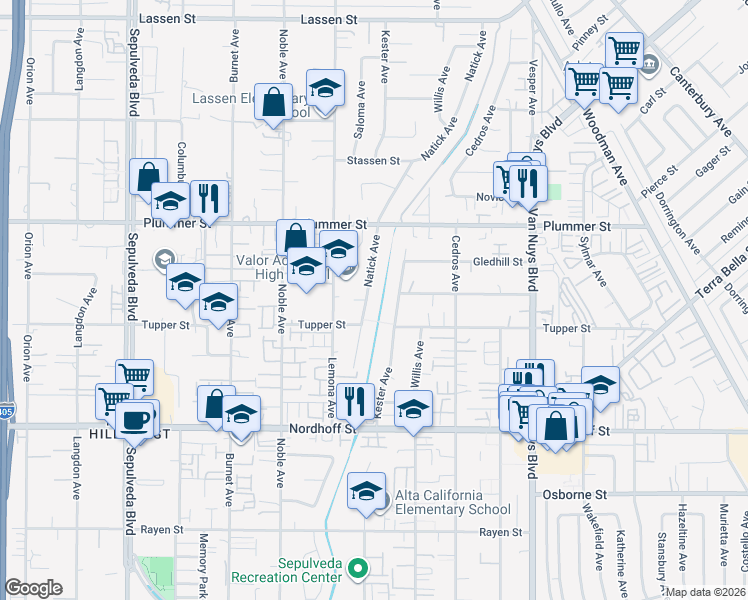 map of restaurants, bars, coffee shops, grocery stores, and more near 9341 Kester Avenue in Los Angeles