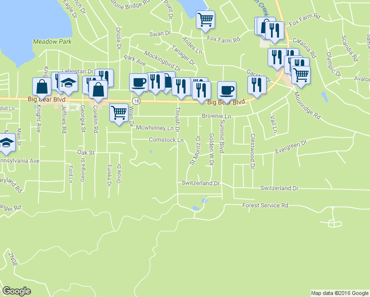 map of restaurants, bars, coffee shops, grocery stores, and more near 41747 Comstock Lane in Big Bear Lake