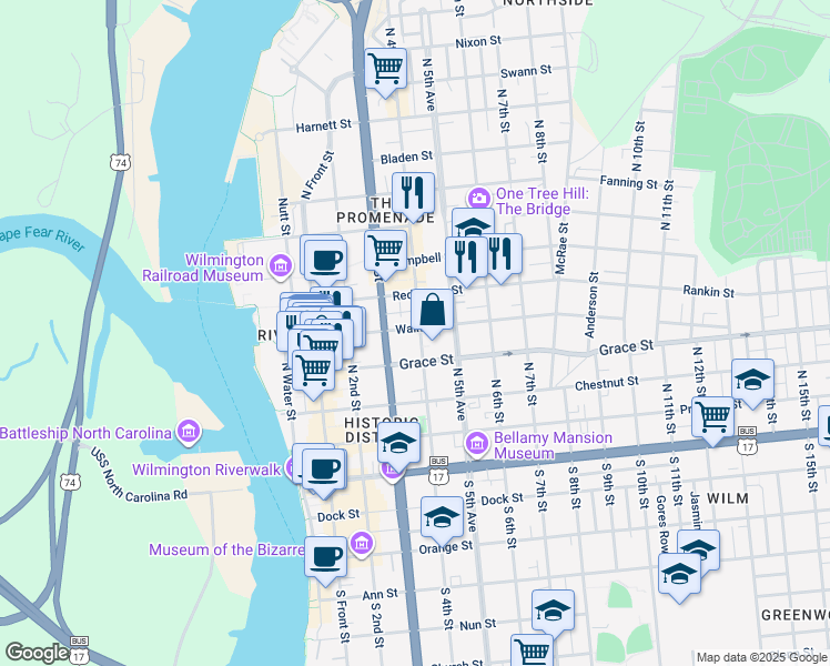 map of restaurants, bars, coffee shops, grocery stores, and more near 313 Walnut Street in Wilmington