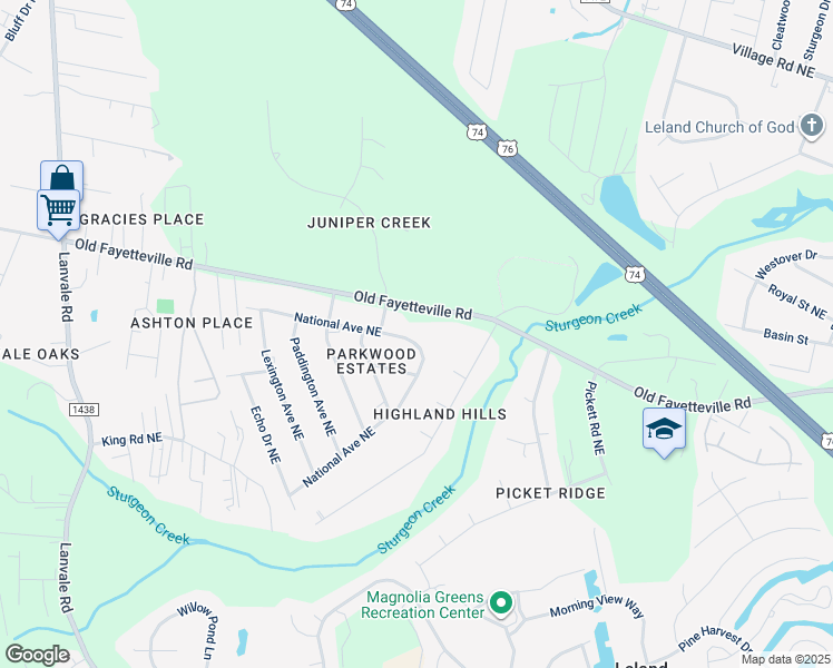 map of restaurants, bars, coffee shops, grocery stores, and more near 9233 National Avenue Northeast in Leland