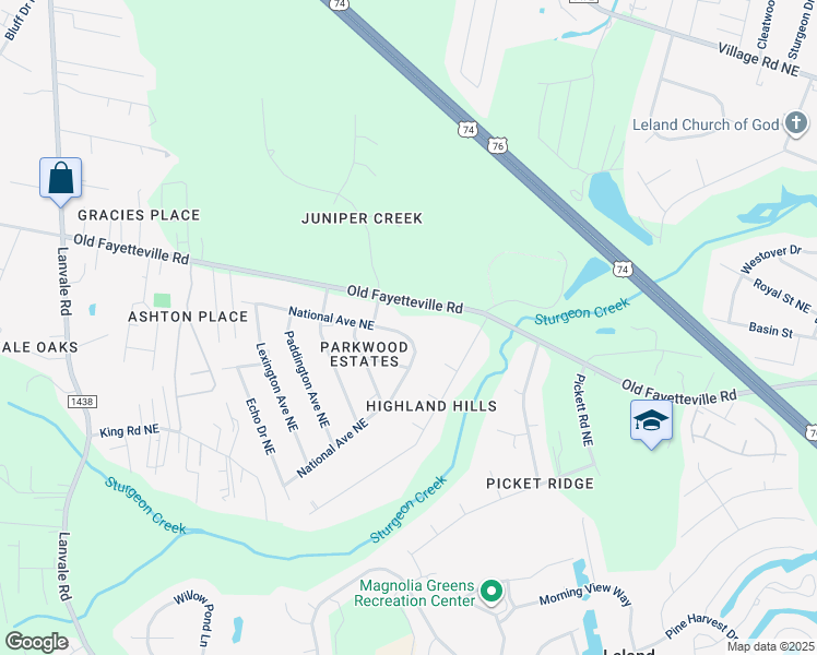map of restaurants, bars, coffee shops, grocery stores, and more near 9233 National Avenue Northeast in Leland