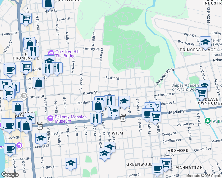 map of restaurants, bars, coffee shops, grocery stores, and more near 1205 Walnut Street in Wilmington