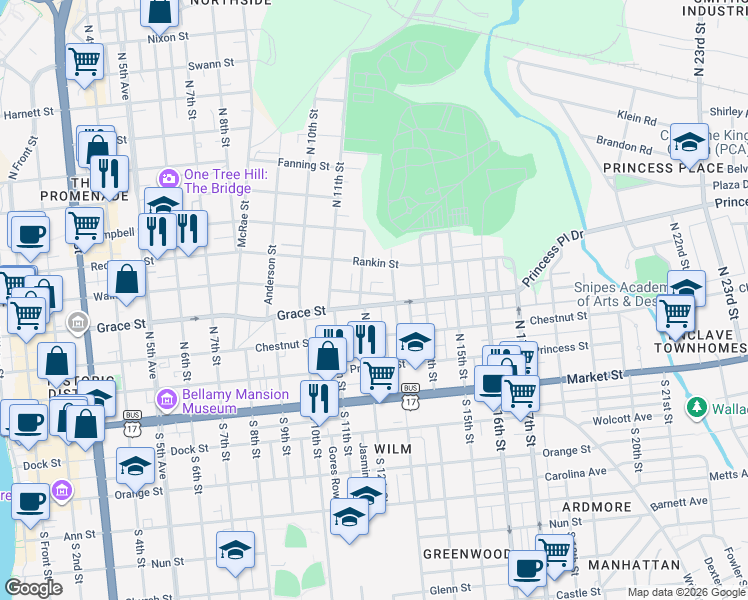 map of restaurants, bars, coffee shops, grocery stores, and more near 1205 Walnut Street in Wilmington
