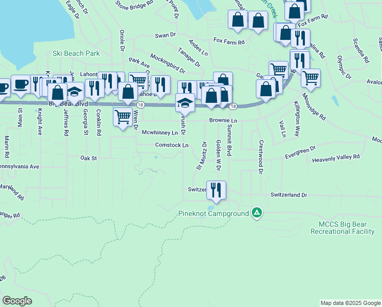 map of restaurants, bars, coffee shops, grocery stores, and more near 41747 Comstock Lane in Big Bear Lake